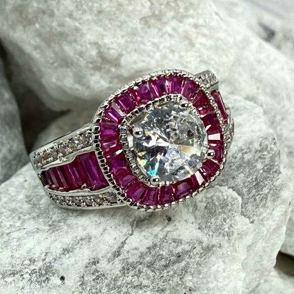 Lab Created Ruby Halo Ring 2.6 CT CZ Silver Tone Over Copper Sz 7.25 - Picture 7 of 17